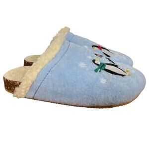Lands End Embroidered Penguin Womens Slip On Slippers House Shoes Sherpa sz 8